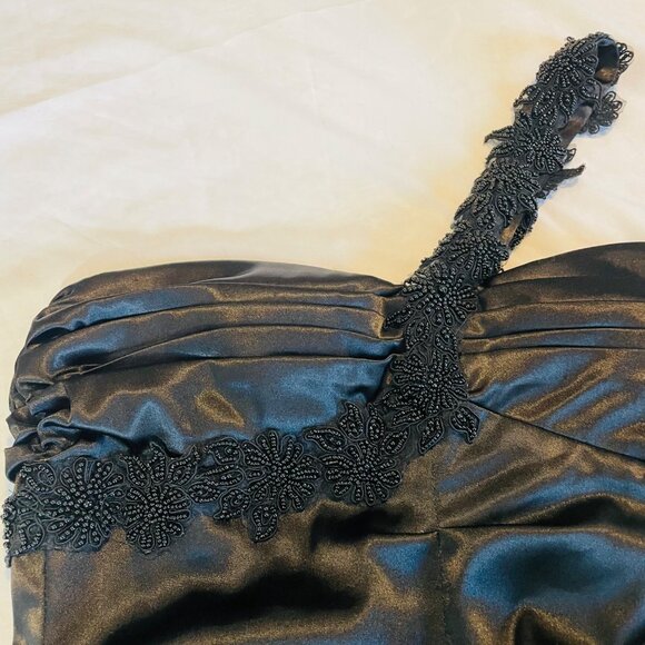 Elegant Black One-Shoulder Satin Dress With Beaded Floral Strap Detail Ruched Bo - Picture 8 of 14